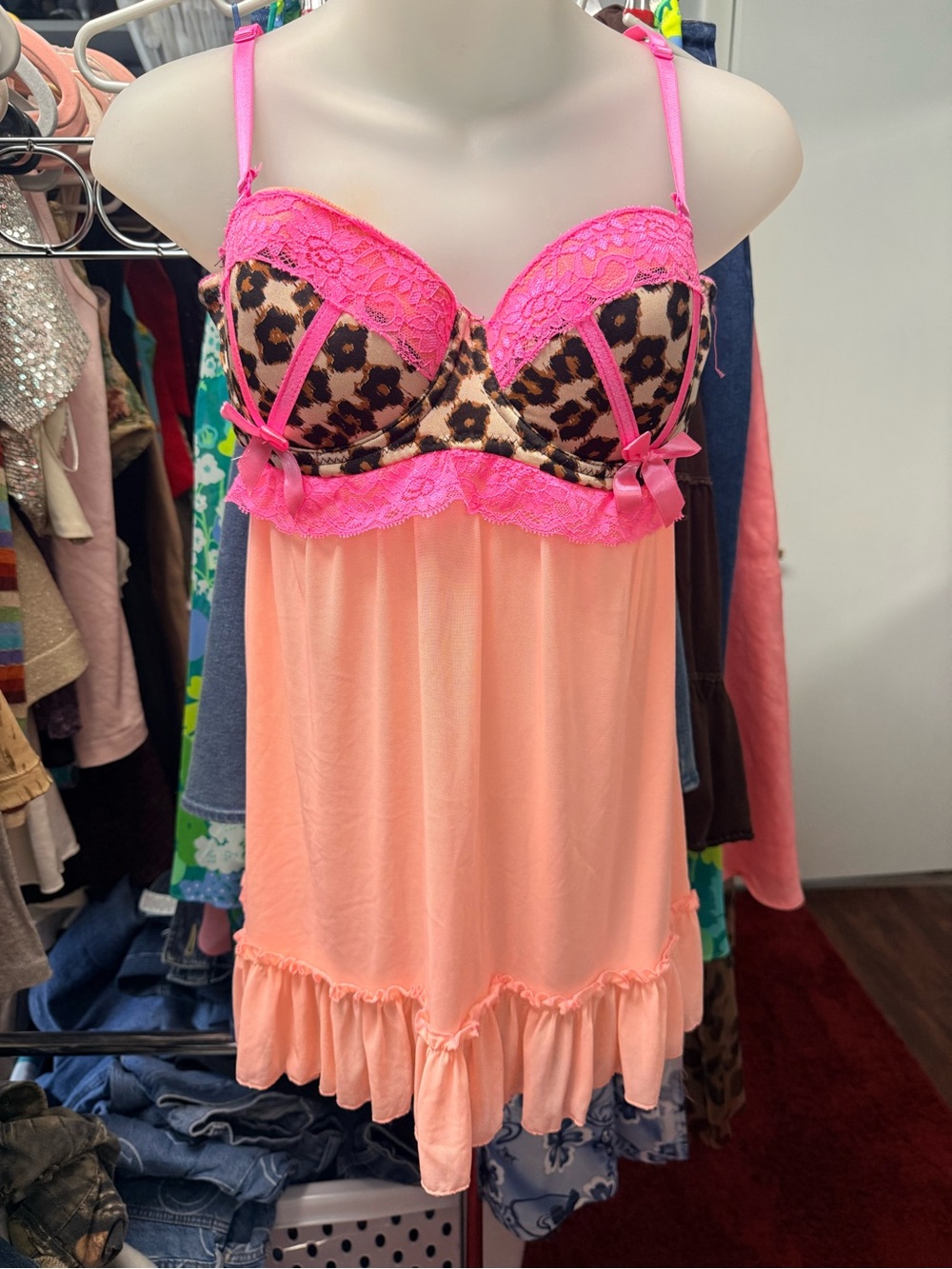 Y2K Hot Pink Lace & Peach Leopard Chemise
